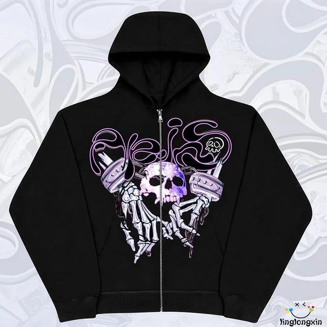 Linglongxi2-áo Hoodie Tay Dài Có Khóa Kéo Họa Tiết Bộ Xương Phong Cách gothic punk Cho Nữ