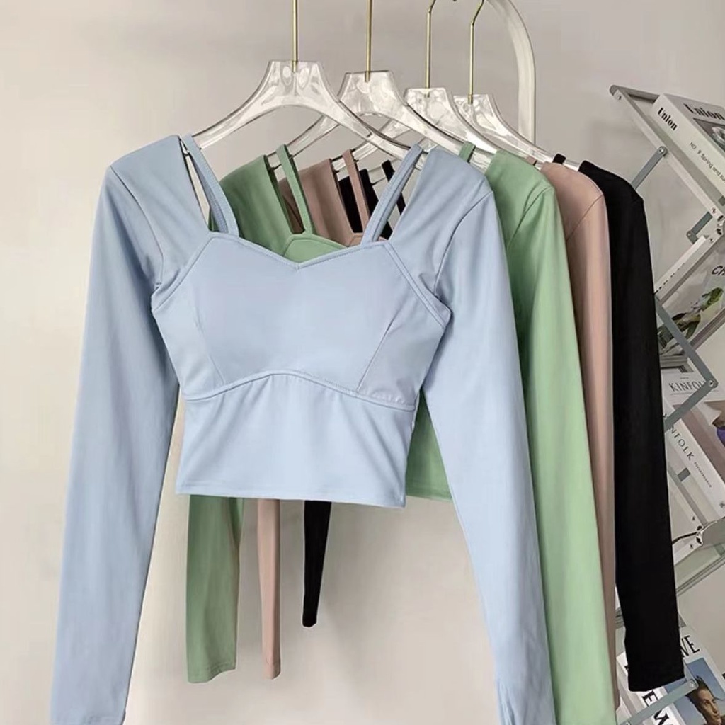 Áo Thun Thể Thao Tay Dài Có Mút Đệm Ngực Thời Trang Quyến Rũ Cho Nữ
