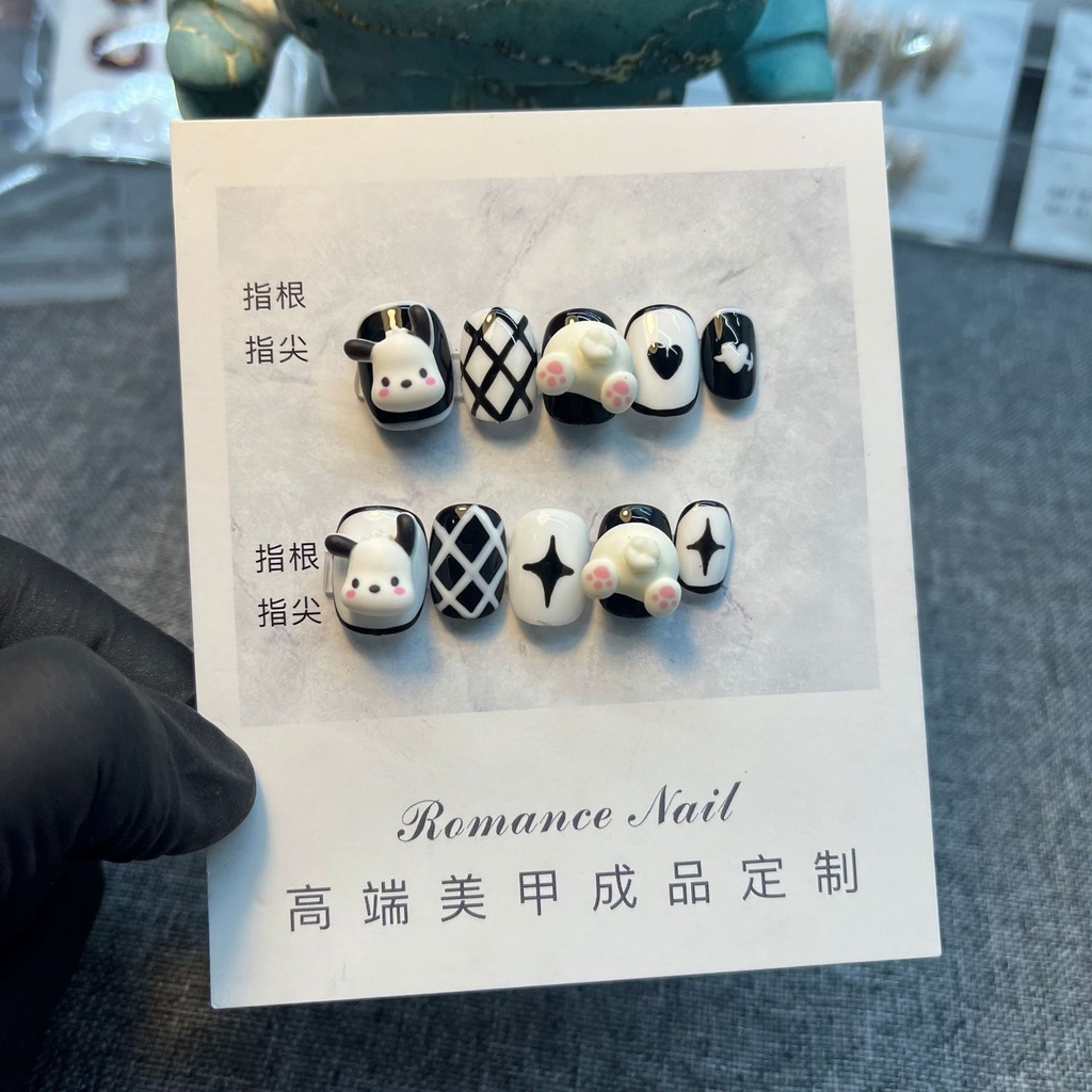Móng Tay Giả Hình Chó pochacco Kẻ Sọc Caro Trắng Đen Có Thể Tái Sử Dụng Và Tháo Rời