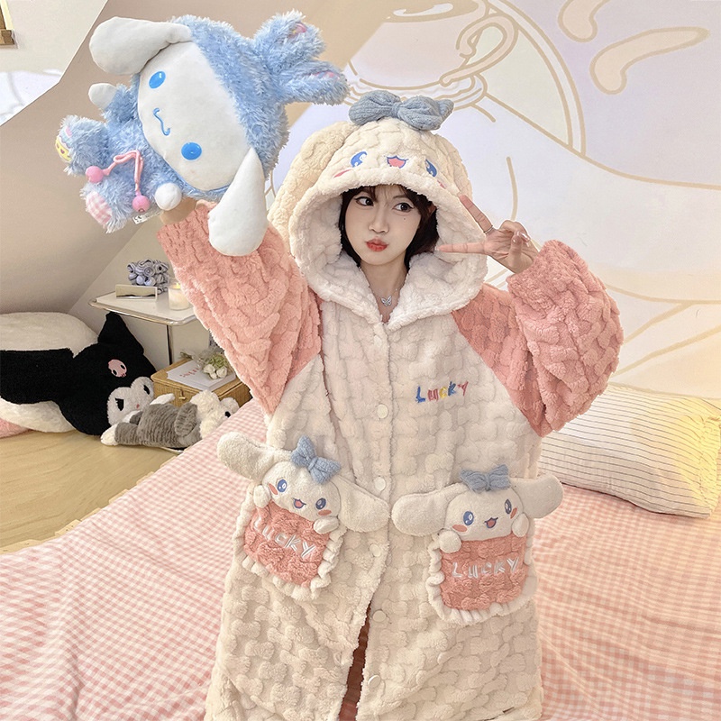 Áo Choàng Ngủ Dáng Dài Chất Nỉ Dày Dặn In Họa Tiết Hoạt Hình Dễ Thương Thời Trang Thu Đông Cho Nữ