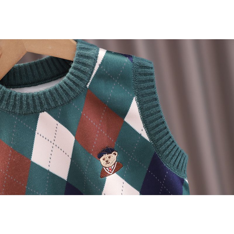 Áo Ghi Lê Dệt Kim Không Tay Cổ Tròn Đính Kim Cương Phong Cách Hàn Quốc Thời Trang Mùa Thu Mới Dành Cho Bé Trai