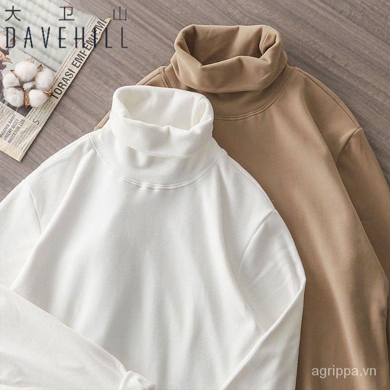 Áo Thun Tay Dài Cổ Cao Lót Lông Cừu Dày Màu Trơn Giữ Ấm Mùa Thu Đông Cho Nam