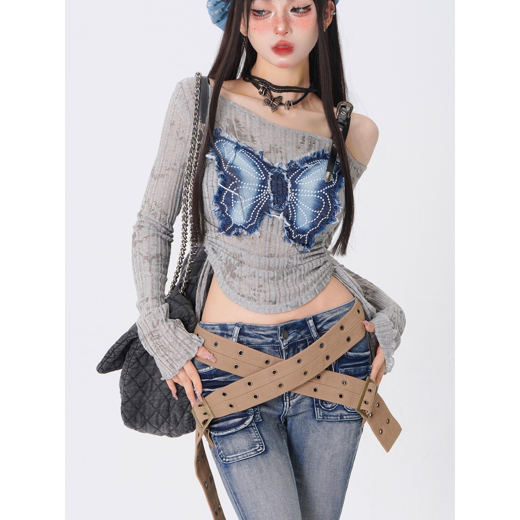 Áo Thun Tay Dài Cổ Chữ v Thêu Hình Bướm Phong Cách Hàn Quốc y2k