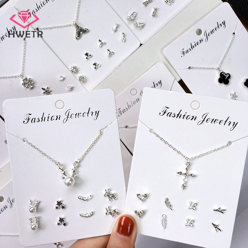 Set Vòng cổ Và 4 Đôi Khuyên Tai Đính Đá Phong Cách Hàn Quốc Dành Cho Nữ Mới