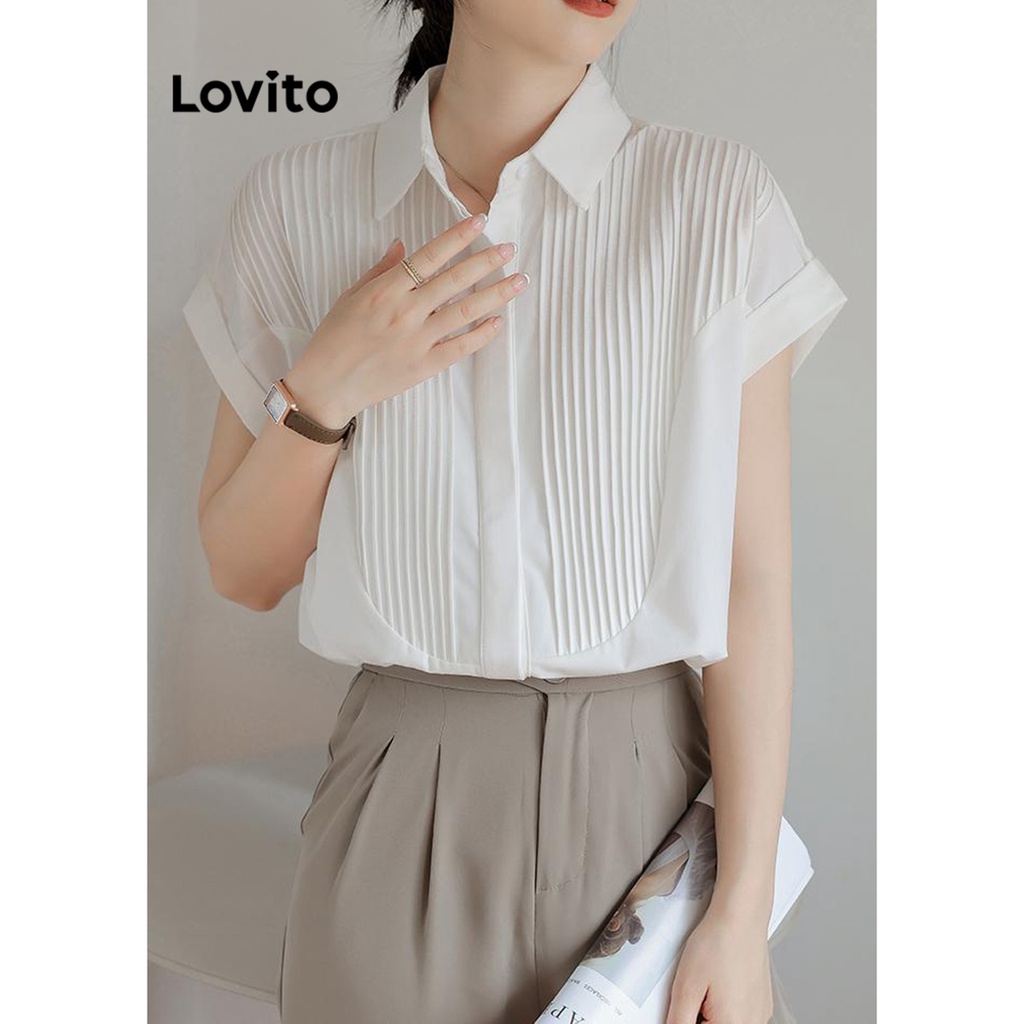 Lovito Áo khâu vải trơn đơn giản cho nữ LNE24269 (Trắng)