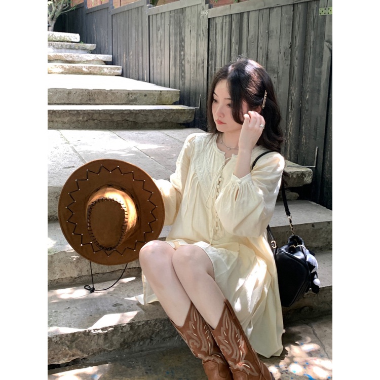 Đầm mùa thu ngọt ngào váy dài tay, Váy babydoll mùa đông Pháp váy ngắn cao cấp tiểu thư xếp ly phối ren ulzzang