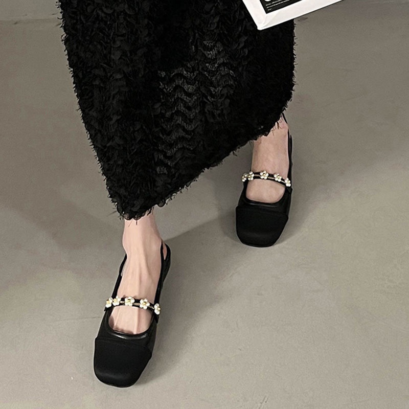 Qinos Sandal Mũi Vuông Hở Lưng Đính Ngọc Trai Phong Cách Hàn Quốc