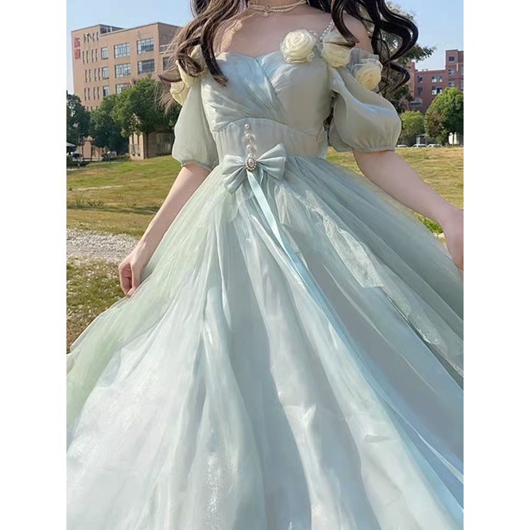 ​Đầm Công Chúa Mùa Xuân Hè Màu Xanh Dương Nhạt Sang Trọng Thần Tiên Cho Nữ