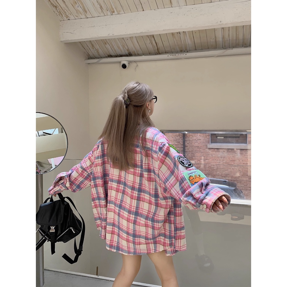 Áo Sơ Mi Caro Tay Dài Dáng Rộng Thời Trang Hàn Quốc Mới Cho Nam Nữ