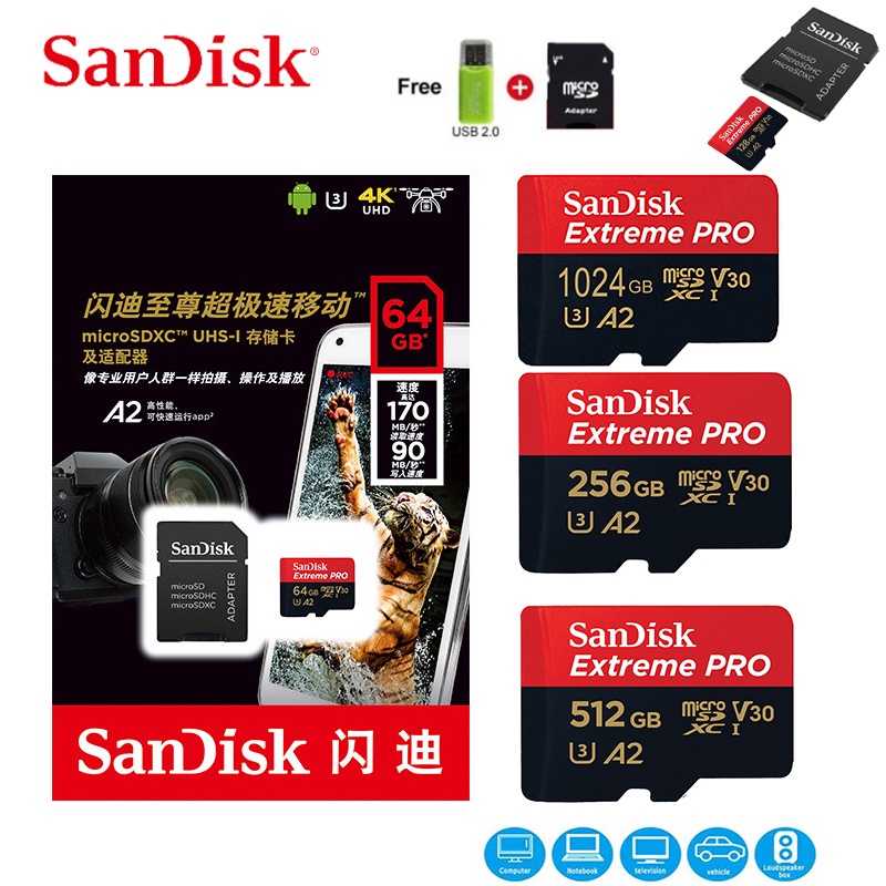 Sandisk extreme pro flash 128gb thẻ micro sd sd sdxc uhs-i 1tb 512gb 256gb 64gb u3 v30 tf card bộ chuyển đổi thẻ nhớ cho