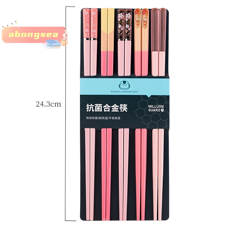 Abongsea Bộ 5 Đôi Đũa Hợp Kim Ăn Uống Năm Màu Có Thể Tái Sử Dụng