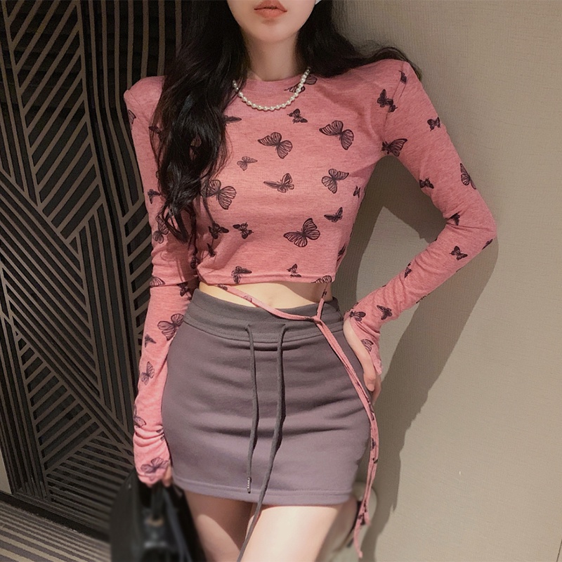 Áo Thun Dài Tay Cổ Tròn In Hình Bướm Xinh Xắn Dành Cho Nữ