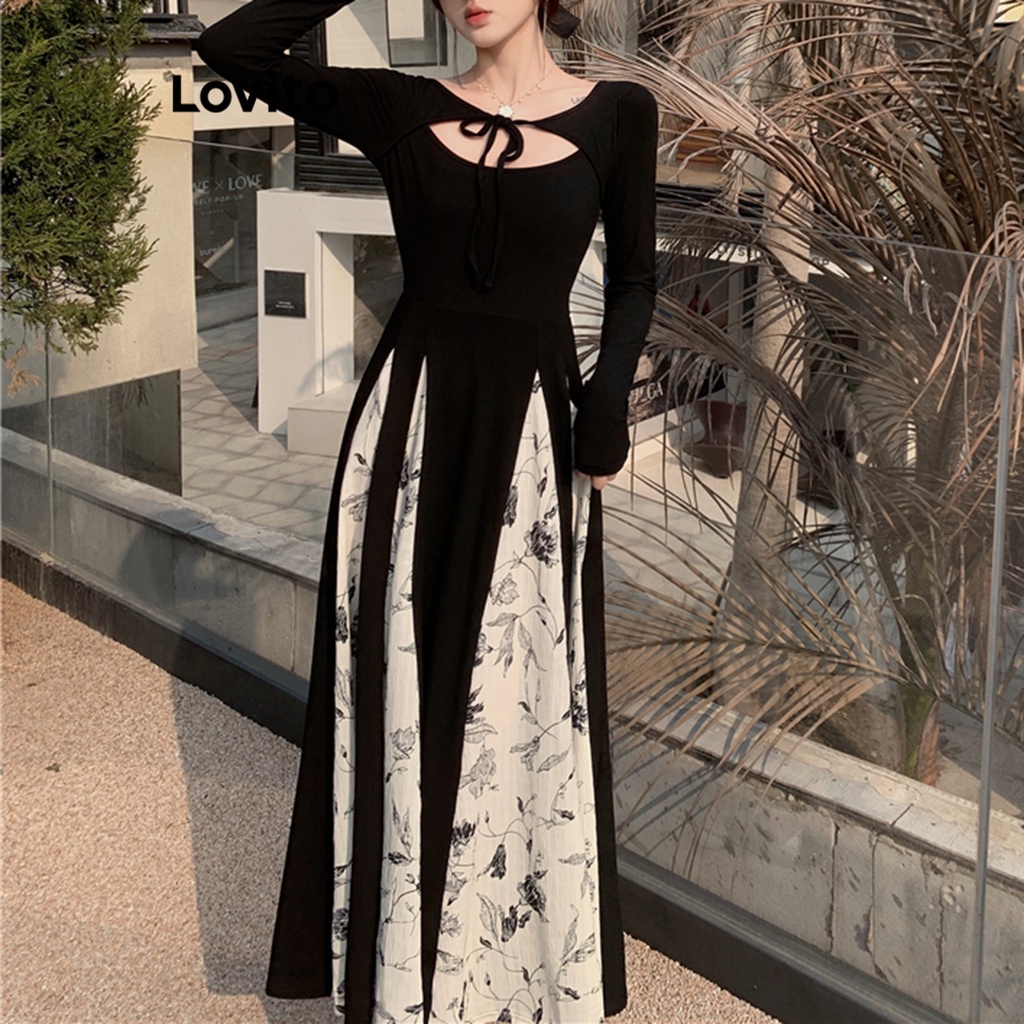Đầm Lovito khâu họa tiết hoa thường ngày cho nữ LNA21209 (màu đen)