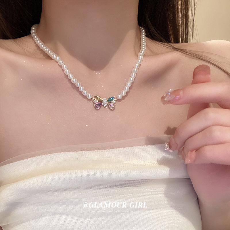 Bộ Dây Chuyền + Bông Tai Mạ Bạc Hình Cánh Bướm + Đôi Khuyên Tai Tua Rua Đính Ngọc Trai Nhiều Màu Sắc