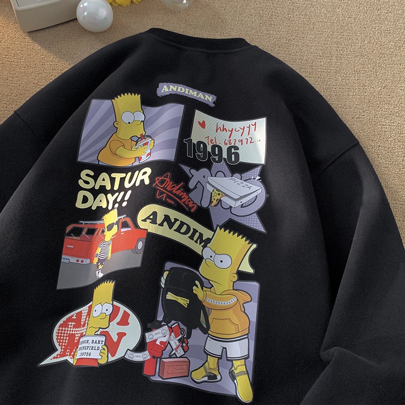 Áo sweater Nhung Dày Cổ Tròn In Hình simpson Hoạt Hình Phong Cách hip hop Mỹ Cho Nam Nữ