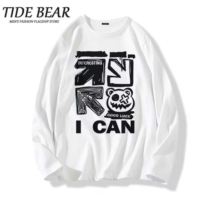 TIDE BEAR Áo Thun Tay Dài Dáng Rộng In Họa Tiết Gấu Kiểu Đường Phố Hàn Quốc Thời Trang Mùa Hè Cho Nam