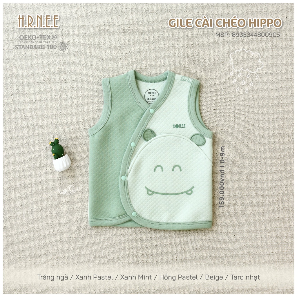 H.R.N,E.E -  Áo gile trần bông cài chéo Hippo cho bé trai bé gái từ 0m đến 6-9m