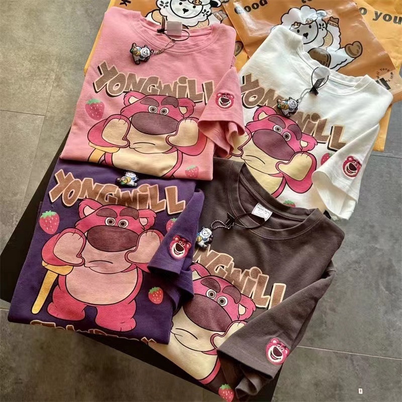 Quần áo gấu dâu bộ quần áo gấu dâu Hoạt Hình Áo Thun Tay Ngắn Dáng Rộng In Họa Tiết Gấu Và Dâu Tây Dễ Thương Thời Trang Mùa Hè 2023 Cho Nữ