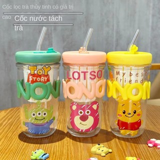 Mới cốc uống nước thủy tinh có ống hút họa tiết gấu dâu tây dễ thương cho nữ