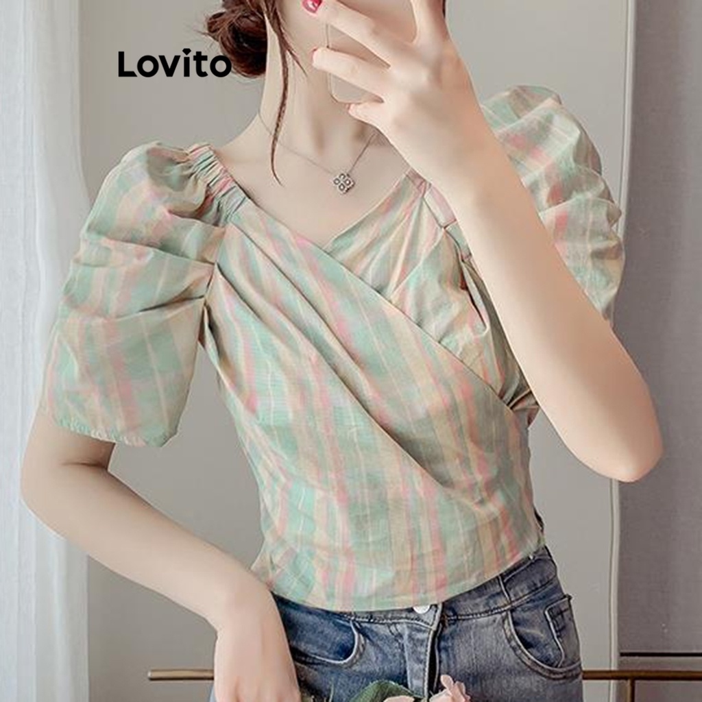 Áo kiểu Lovito tay phồng tôn dáng xếp nếp họa tiết hoa nhí thường ngày cho nữ LNE21276