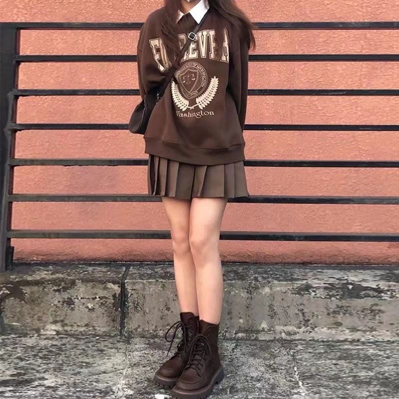 Set Áo Nỉ Dài Tay + Chân Váy Xếp Ly Thời Trang Dành Cho Nữ