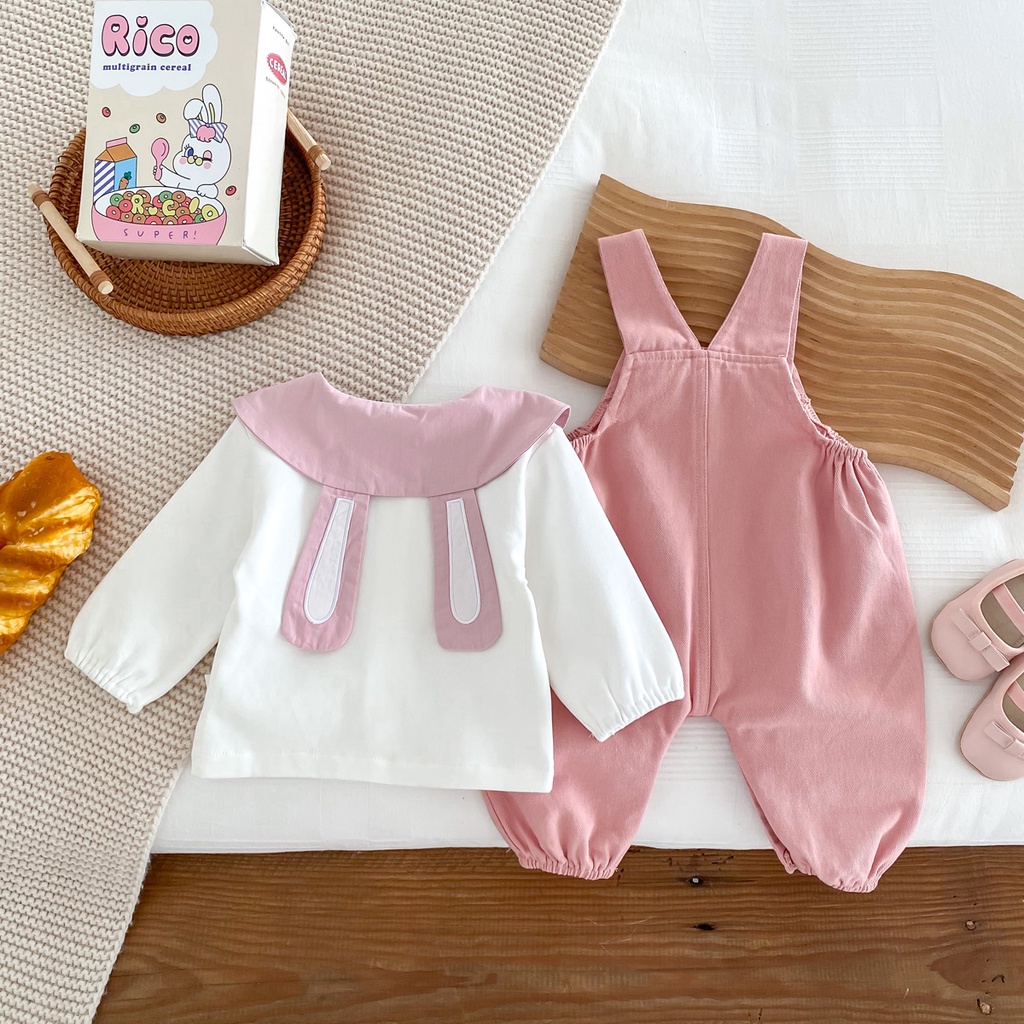 Bộ Áo Liền Quần Tay Dài Cổ Bẻ + Quần Dài Hình Thỏ Dễ Thương Cho Bé Gái Sơ Sinh Từ 0-24 Tháng Tuổi