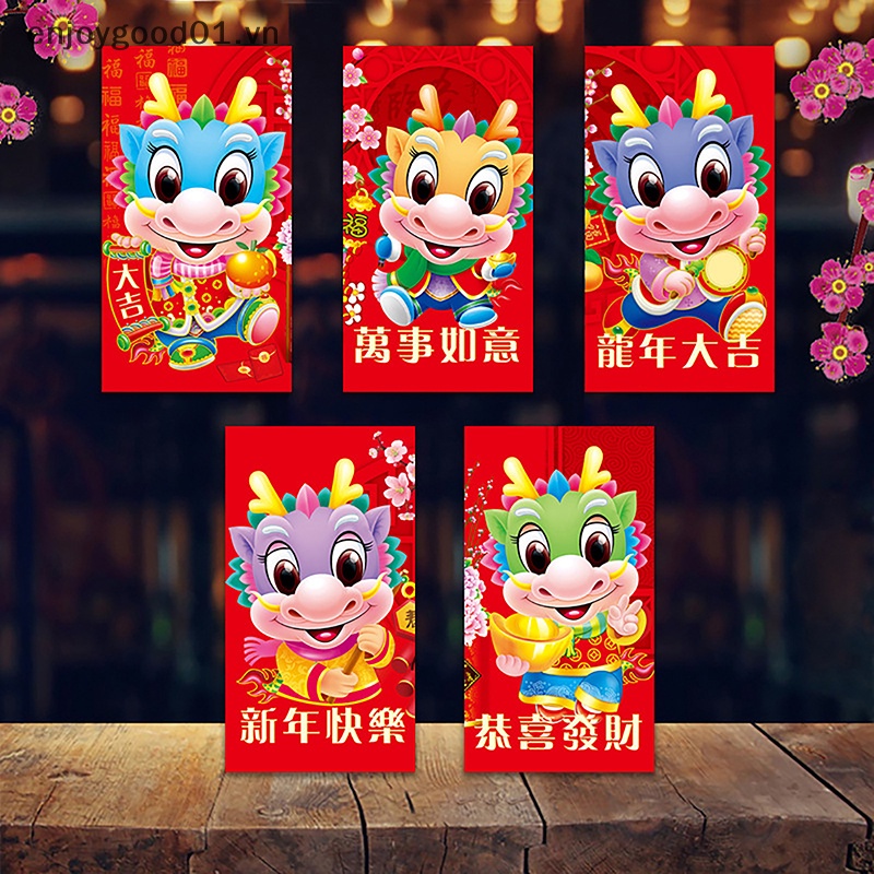Set 5 Bao Lì Xì Đỏ Hình Rồng Hoạt Hình Trung Hoa 2024 cny Trang Trí Năm Mới 2024