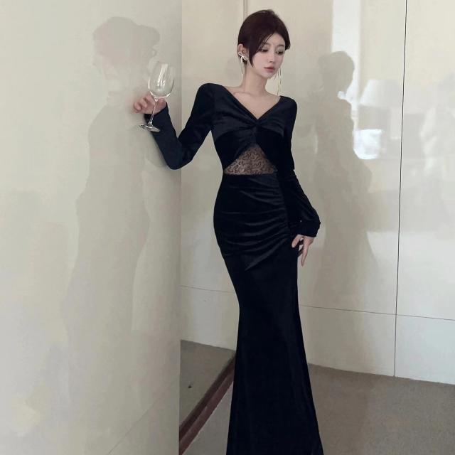 Mqaq Đầm Nhung Tay Dài Phối Ren Thời Trang Thu Đông / Mùa Đông Gợi Cảm