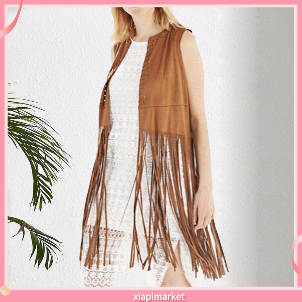 Xia| Áo vest Da Lộn Dáng Dài Màu Trơn Phối Tua Rua Phong Cách boho Cổ Điển Thời Trang Cho Nữ