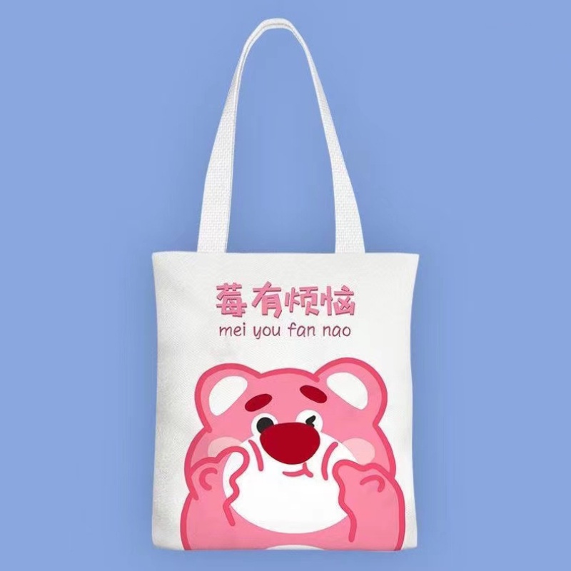 Túi Đeo Vai Vải canvas Họa Tiết Gấu Và Dâu Tây Dễ Thương Cho Nữ