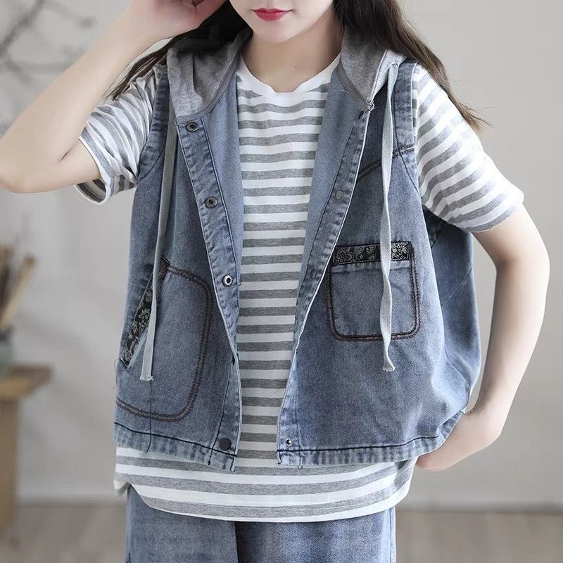 Áo Khoác denim Cộc Tay Có Mũ Trùm Dáng Ngắn size Lớn Phong Cách Hàn Quốc Mới