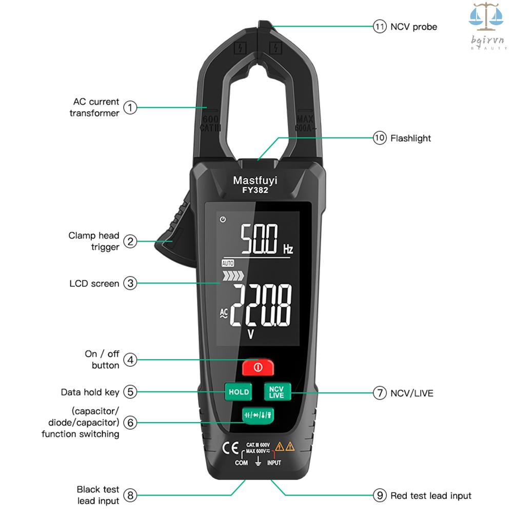 Mastfuyi Kẹp Vạn Năng Kế Thông Minh fy382 rms 9999 Đếm Màn Hình lcd ac dc Có Đèn Pin Đa Năng