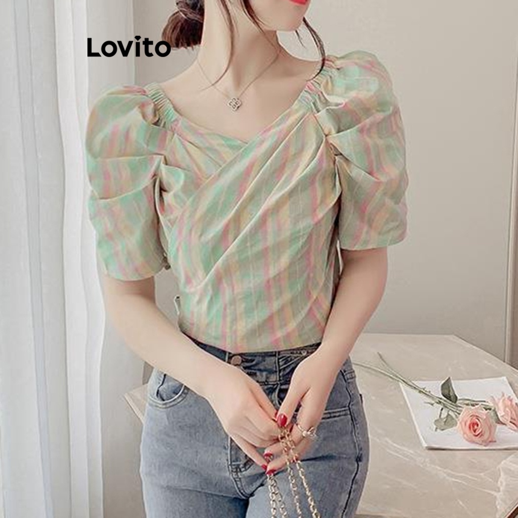 Áo kiểu Lovito tay phồng tôn dáng xếp nếp họa tiết hoa nhí thường ngày cho nữ LNE21276