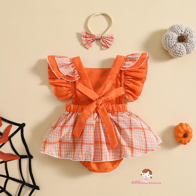 Bộ Đầm Liền Thân Tay Bèo Họa Tiết Bí Ngô Kèm Băng Đô Phong Cách halloween Cho Bé Gái