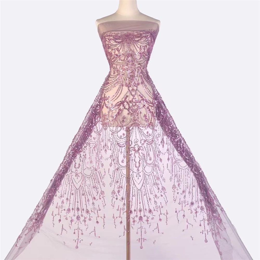 Vải Ren Thêu Họa Tiết Đính Kim Sa Lấp Lánh Thời Trang Âu Mỹ Dùng May Đầm Cưới