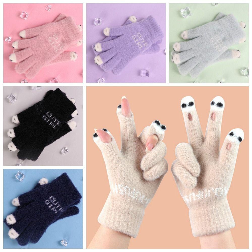 Găng tay SKJK dệt kim vải nhung mềm ấm áp chống gió hình gấu trúc/chữ/chạm được màn hình cảm ứng thời trang mùa đông