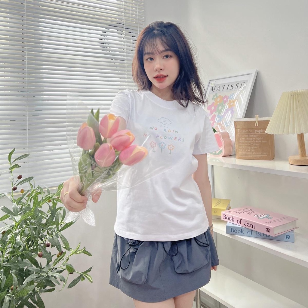 Áo baby tee No Rain No Flowers dễ thương áo thun nữ form vừa cotton 2c