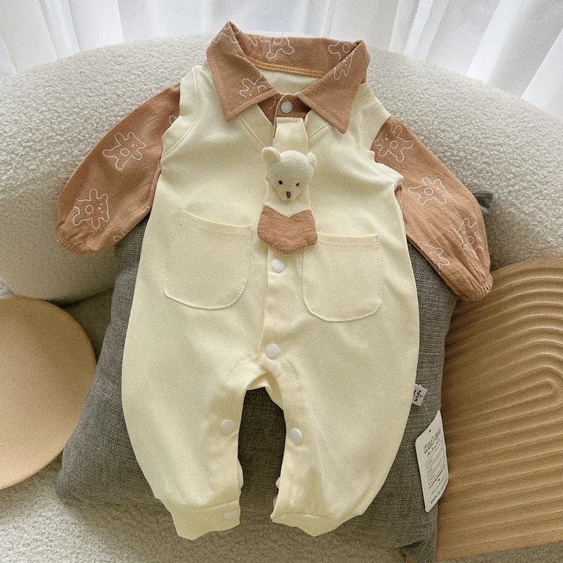 Body Liền Quần CARAVAT GẤU Nâu và Kem Chất Zip Hàn Cho Bé Trai Sơ Sinh Mặc Thu Đông