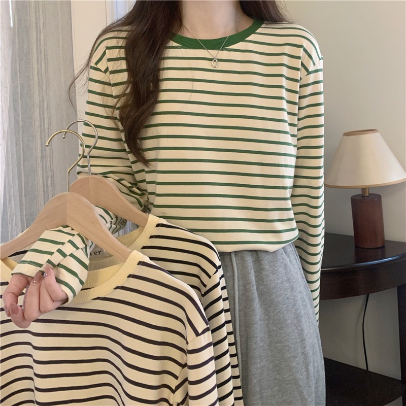 Áo thun dài tay cổ tròn sọc thời trang cho nữ