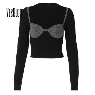 VesGlory Nữ Crop Top Thời Trang Tay Dài Cổ Tròn Slim Fit Áo Thun In Màu Trơn