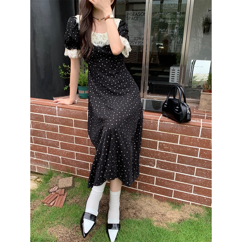 Đầm maxi Màu Đen Tay Phồng Phối Ren Hoa Phong Cách vintage Pháp