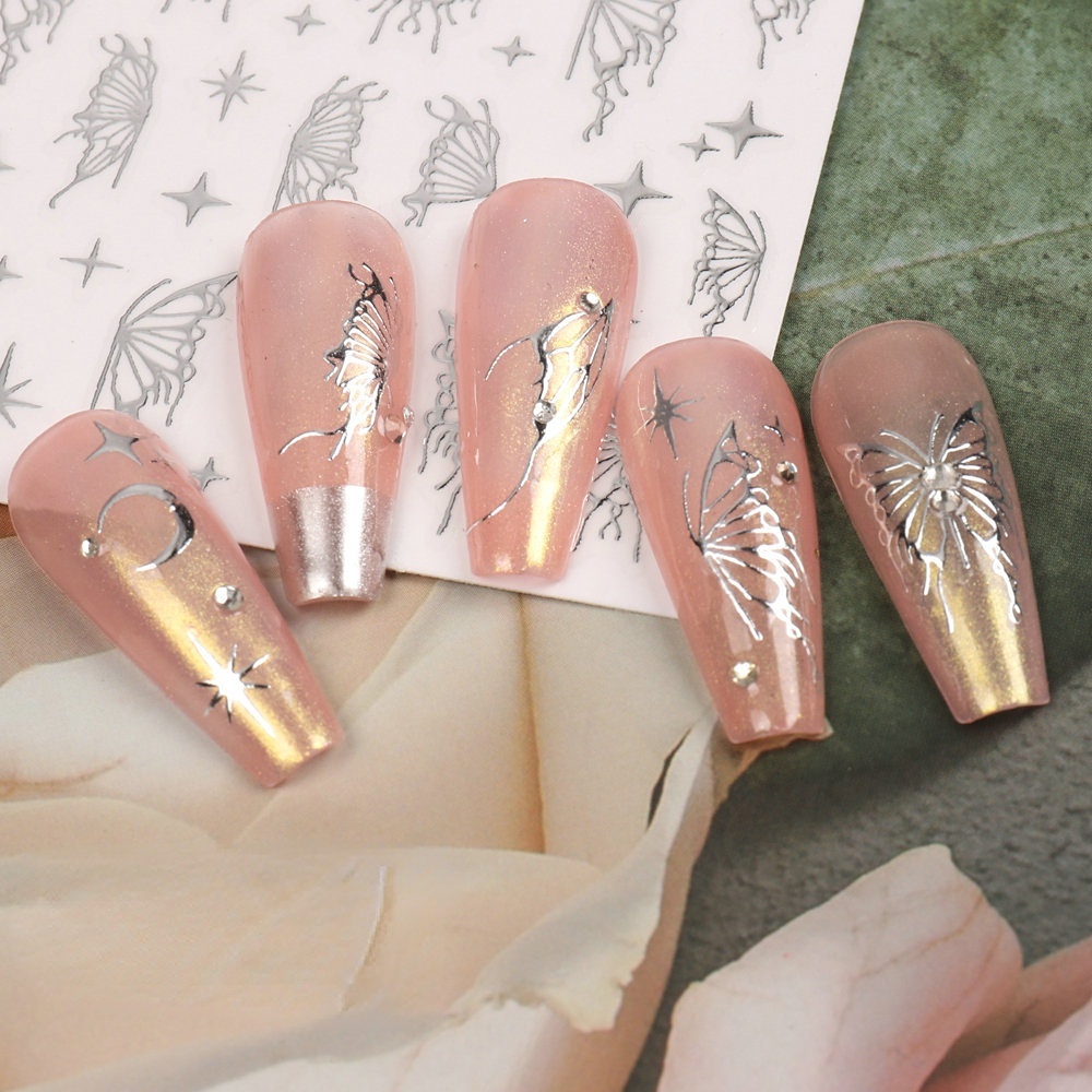 Miếng Dán Trang Trí Móng Tay Hình Bướm Màu Bạc laser