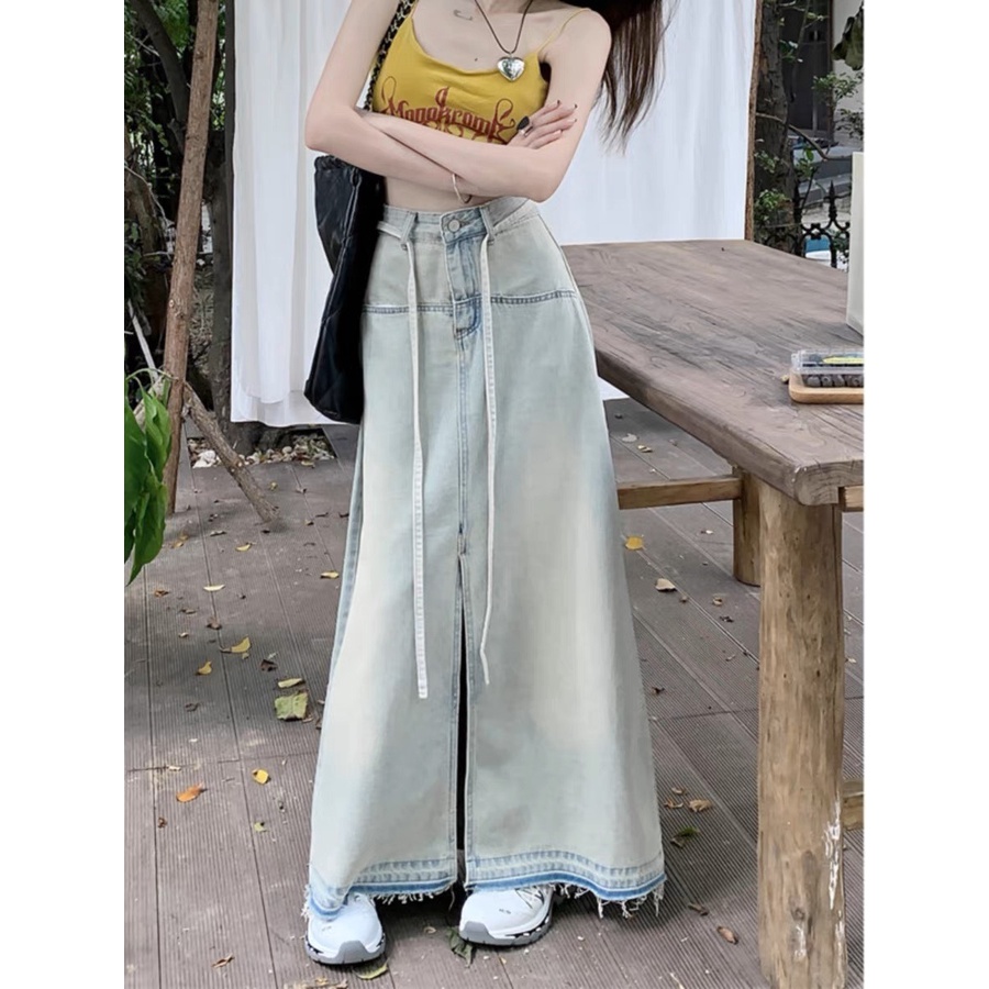 Chân váy jean dài dáng chữ A phong cách Retro xẻ trước c43
