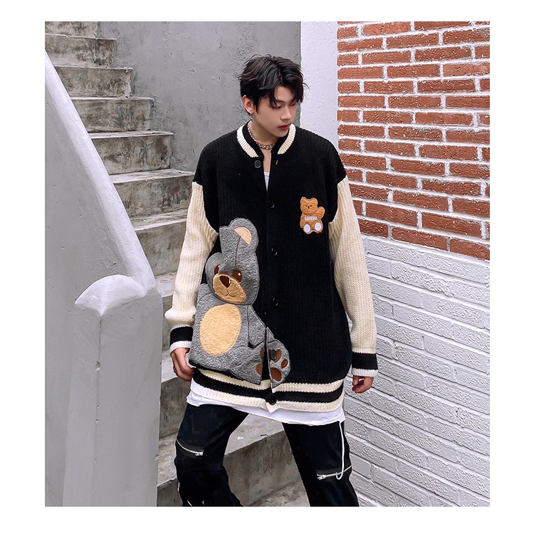 Áo Khoác cardigan Dệt Kim Thêu Họa Tiết Gấu Màu Sắc Tương Phản Thời Trang Thu Đông 2023