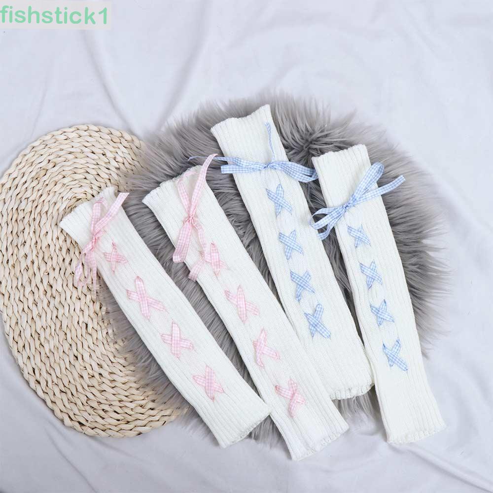 Đôi vớ ống chân bằng len đan dệt dáng dài co giãn giữ ấm đính nơ kẻ sọc kiểu dáng ngọt ngào cho phái nữ