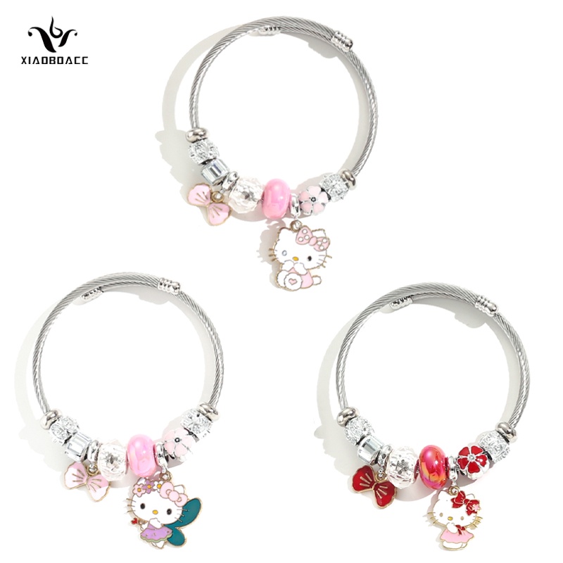 XiaoboACC Vòng Tay Hở Đính Hạt Bằng Thép Không Gỉ Thắt Nơ Hoạt Hình kt Đa Dạng Thời Trang Cho Nữ Sinh