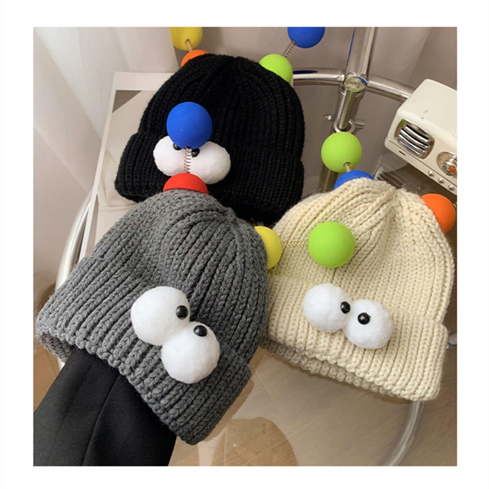 Mũ Len Dệt Kim Đính 4 Quả Bông Mắt To Hoạt Hình Nhiều Màu Sắc Thời Trang Thu Đông Ấm Áp Cho Bé Trai Và Gái