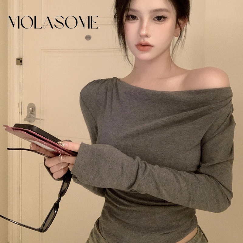 Polaroisome Áo Thun Tay Dài Hở Vai Màu Trơn Thời Trang Mới 2023 Dành Cho Bạn Nữ