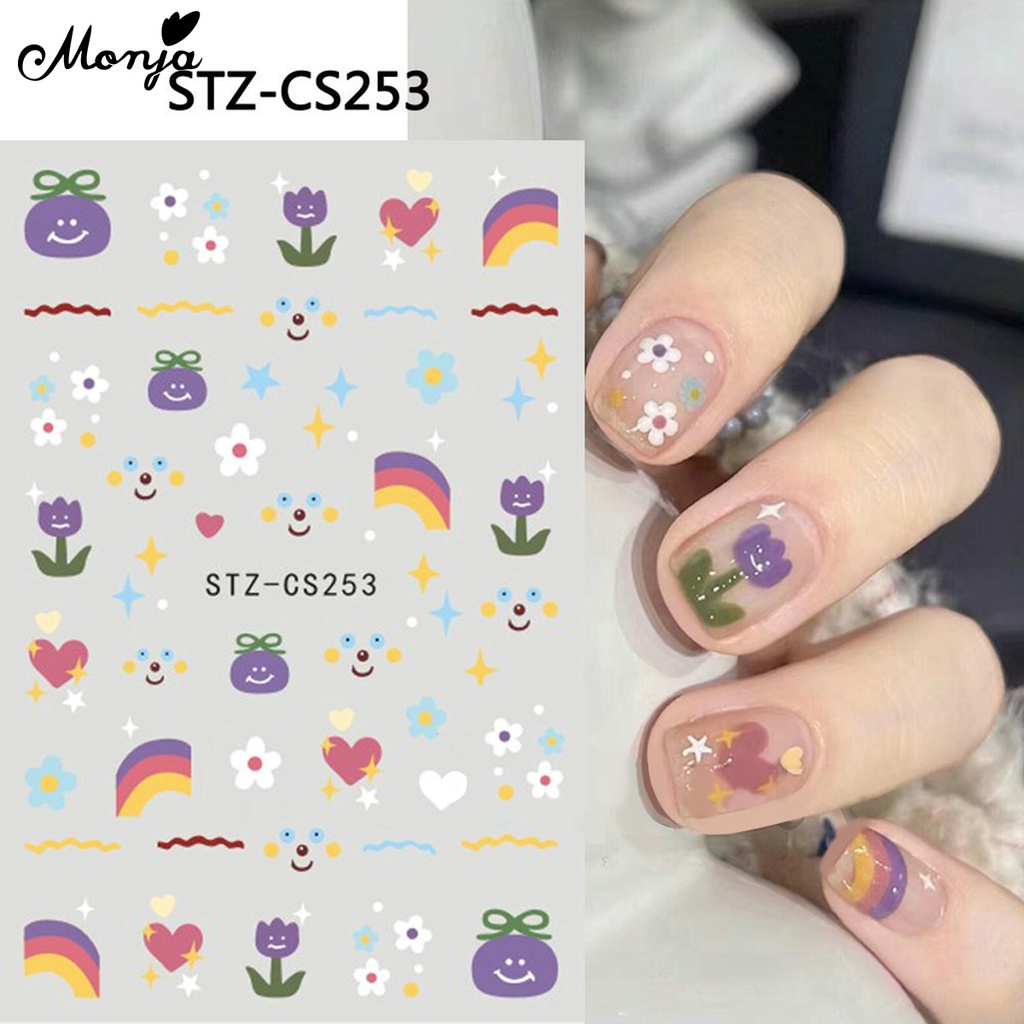Monja Nhãn Dán Móng Tay Tự Dính Họa Tiết Hoa Ngôi Sao Ba Chiều Dễ Thương Hỗn Hợp Trang Trí Móng Nghệ Thuật Tự Làm