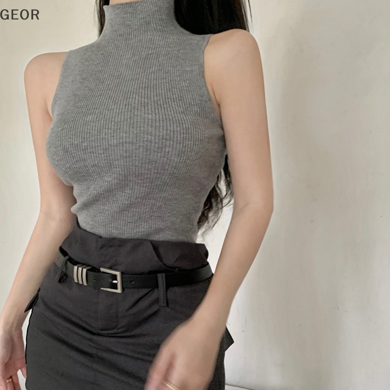 Áo Dệt Kim Sát Nách Cổ Lọ Màu Trơn Thời Trang Mùa Hè Cho Nữ vn